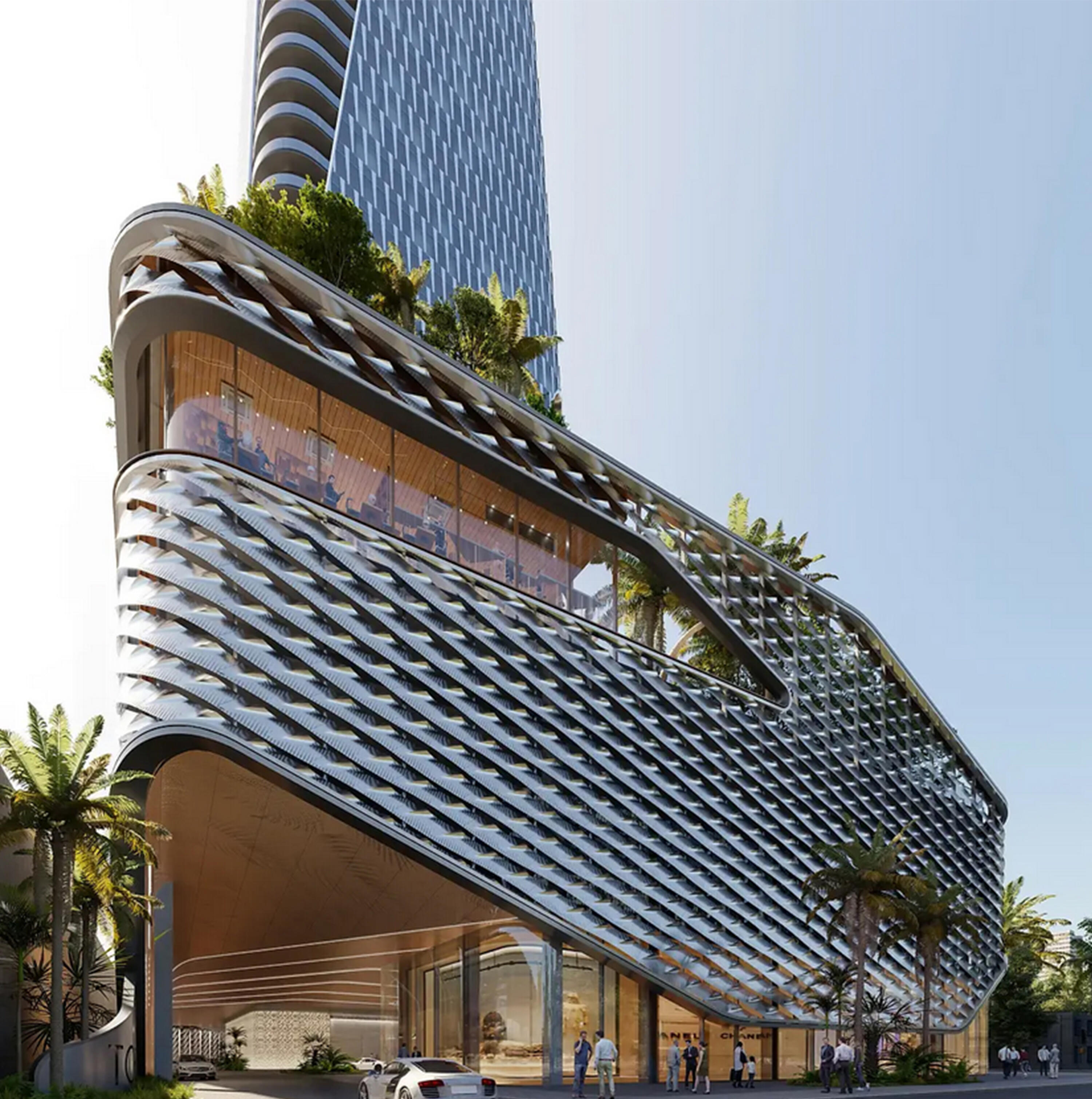 Contemporary facade of Seven Park Residences in Hallandale-Hollywood, featuring sleek lines and luxury residential style.